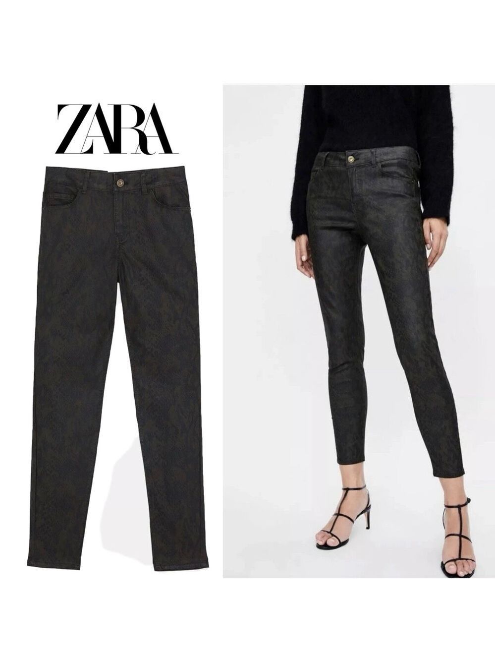Zara Z1975 Snakeskin Printed Denim Jeans Pants Waxed Finish Sz 6 38